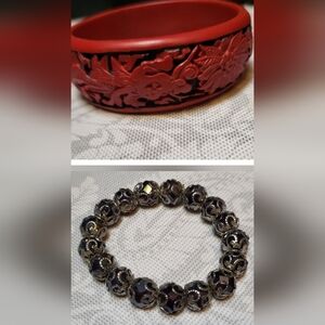 Set of Two Bracelets - Red/Black and Silver/Black - 7.5 Inch